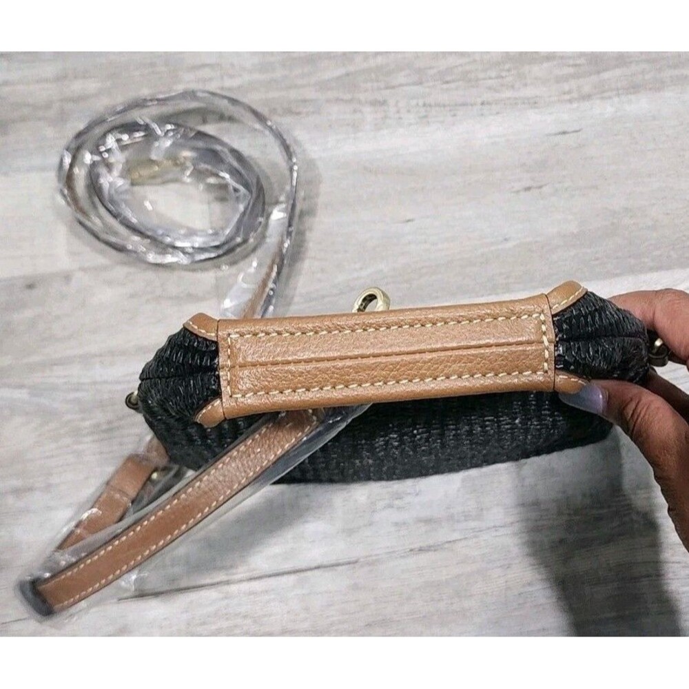 J Jill Straw Leather Trim Small Crossbody Black Top Handle And Detachable Strap - Picture 6 of 9